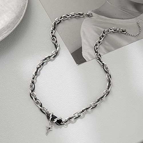 Gothic Cross Star Necklace For Men Women Silver Stainless Steel Cuban Link Paperclip Figaro Bead Chain Punk Kpop Y2k Goth Irregular Layered Cross Pendant Necklace Non Tarnish Jewelry Gift - color: Black C