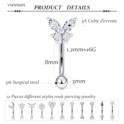 Rook Daith Piercing Jewelry 16G Stainless Surgical Steel Curved Barbell Eyebrow Rings Vertical Labret Lip Piercing Jewelry Rook Daith Earrings for Women Men 6MM 8MM 10MM Hypoallergenic - color: Silver Tone