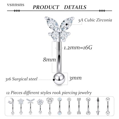 Rook Daith Piercing Jewelry 16G Stainless Surgical Steel Curved Barbell Eyebrow Rings Vertical Labret Lip Piercing Jewelry Rook Daith Earrings for Women Men 6MM 8MM 10MM Hypoallergenic - color: Silver Tone