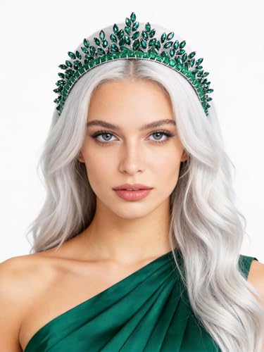 Bridal Rhinestone Headband Wedding Hair Accessories for Women, Pearl Crystal Headband Wedding Costume Headpieces for Brides Princess Quinceanera Christmas Party Prom Birthday(Green) - color: Green