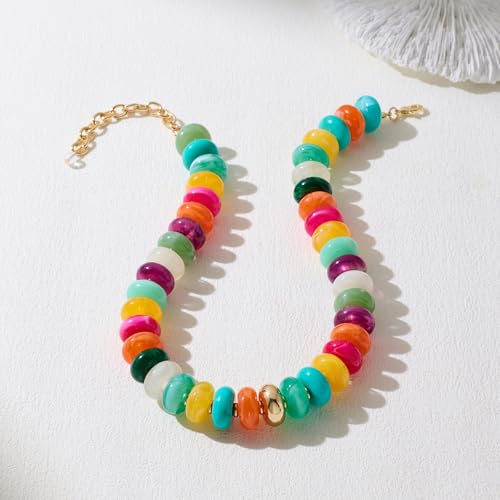 Beaded necklace for Women Boho Bead Gemstone Chunky Necklace Big Bead Necklace Fashion Trendy Summer Necklaces Jewelry Gifts - color: Colorful&GD Beaded