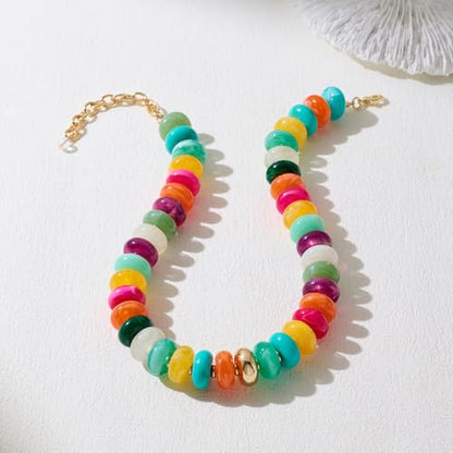 Beaded necklace for Women Boho Bead Gemstone Chunky Necklace Big Bead Necklace Fashion Trendy Summer Necklaces Jewelry Gifts - color: Colorful&GD Beaded
