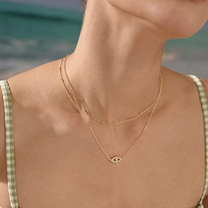 MEVECCO Dainty Pendant Layered Necklaces for Women | 18K Gold Plated Brass, 2-Piece Set With A Choker-Length Upper Layer, Wear Together Or Separately, Refined Everyday Style - style: layer evil eye