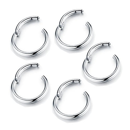 5Pcs Stainless Steel 16G 18G Sleeper Hoop Earrings for Women Men Septum Hinged Clicker Nose Lip Ring Helix Daith Cartilage Tragus Piercings Tiny Small Huggie Hoops Hypoallergenic Sensitive Ears Jewelry - style: 8mm in Silver 16G