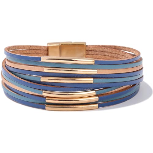 Gold Tube Leather Wrap Bracelets Boho Chunky Stackable Layered Western Cuff | Stacked Bohemian Cool Magnetic Clasp Bangles Statement Cowgirl Hippie Country Festival Accessories for Women Trendy - color: Blue