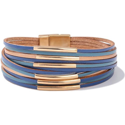 Gold Tube Leather Wrap Bracelets Boho Chunky Stackable Layered Western Cuff | Stacked Bohemian Cool Magnetic Clasp Bangles Statement Cowgirl Hippie Country Festival Accessories for Women Trendy - color: Blue