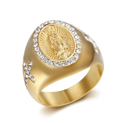 Christian Couple Signet Rings Set: Square Jesus (Men) & Oval Virgin Mary (Women), Stainless Steel Gold Plated with Side CZ Cross, Rhinestone Religious Rings - color: Mary