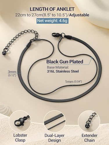 PROSTEEL Anklets for Women Waterproof, Silver/Gold/Black, Stainless Steel | Layered Anklets, Stainless Steel, Durable& No Tarnish, Summer Beach Jewelry, with Gift Box, 8-10.5" Adjustable, Plus Size - color: Black, size: Layer Snake