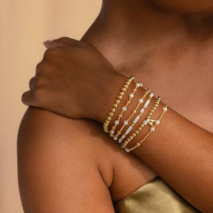 18K Gold Plated Beaded Stretch Initial Bracelet for Women Gifts | Dainty 6PCS Initial A-Z Letter Beaded Stackable Bracelets Set, Waterproof 7 Inch Stretch Elastic, Jewelry Gifts for Women Her - style: O