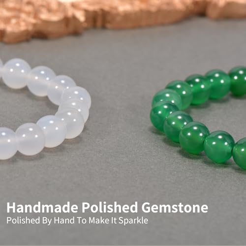 2PCS Agate Bracelet for Women Men Natural Round Beaded Agates Stone Healing Stretch Bracelets Elastic Handmade Polished Gemstone Beads Bracelet - color: White+Green, size: 8mm Beads