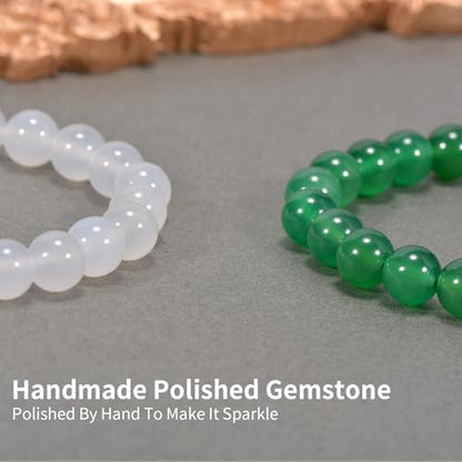 2PCS Agate Bracelet for Women Men Natural Round Beaded Agates Stone Healing Stretch Bracelets Elastic Handmade Polished Gemstone Beads Bracelet - color: White+Green, size: 8mm Beads