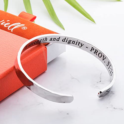 Bracelet - Gifts for Women – Inspirational, Friendships, Love, Mom, Daughters, Sisters, Christian, Graduations, Memorials & Wedding Gifts – 100+ Phrases – Stainless Steel, Gift Ready - color: CHRISTIAN GIFT - She is clothed with strength and dignity
