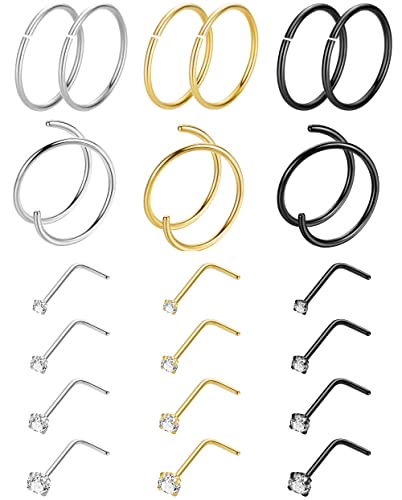 21PCS 18G 20G 22G 316L Stainless Steel Nose Rings Hoop for Women Men Double Nose Ring CZ Nose Stud Piercing Jewelry - color: 18G-Sliver+Gold+Black