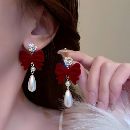 Pearl Bow Earrings for Women Coquette Aesthetic Jewelry Rhinestone Bow Earrings for Bridesmaids Wedding Party Accessories Bridal Costume Accents Bowknot Themed Gifts - color: H1: Red Bow Pearl Earrings
