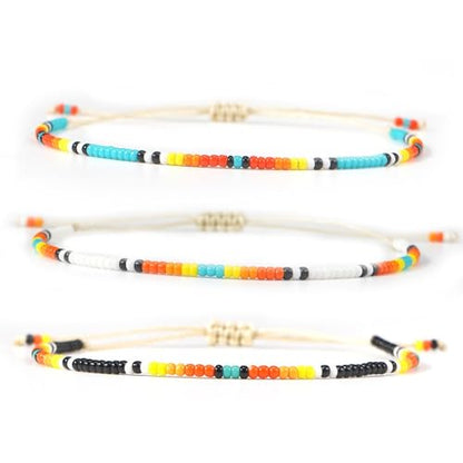 Seed Beaded String Rope Adjustable Bracelets Set for Women Men, Small Colorful Boho Rice 3Pcs Stack Handmade Thin Jewelry, Daily Beach Vacation Friendship Gift - color: Orange Blue F