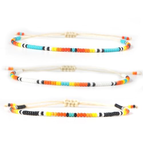 Seed Beaded String Rope Adjustable Bracelets Set for Women Men, Small Colorful Boho Rice 3Pcs Stack Handmade Thin Jewelry, Daily Beach Vacation Friendship Gift - color: Orange Blue F
