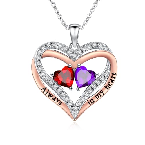 Heart Birthstone Necklace for Women 14K Rose Gold/White Gold Filled Overlapping Double Hearts Pendant Anniversary Valentine's Day Birthday Mother's Day Christmas Gifts for Wife Mom Daughter Her - color: 01-02-Jan-Feb Birthstone-A, style: Double-Layered Lo