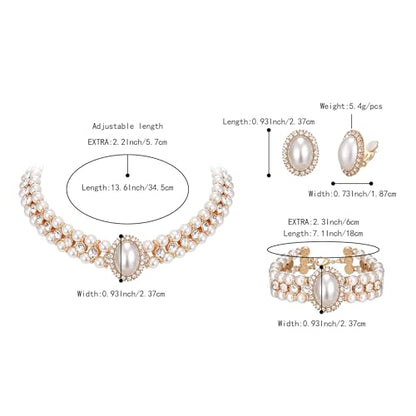 BriLove 1920s Costume Jewelry Set for Women,Vintage Multilayer Simulated Pearl Crystal Necklace Bracelet Earrings Cosplay Party Accessories - style: Clip-On