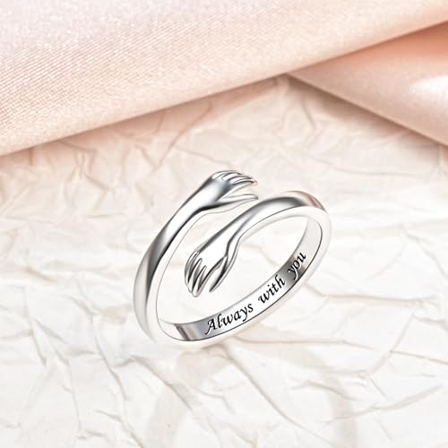 Sterling Silver Hug Ring for Women Teen Girls Adjustable Love Promise Ring Inspirational Open Rings Mothers Day Birthday Gift for Daughter Granddaughter Mom Wife Best Friend - color: Silver / Wife Gift (Always with you)
