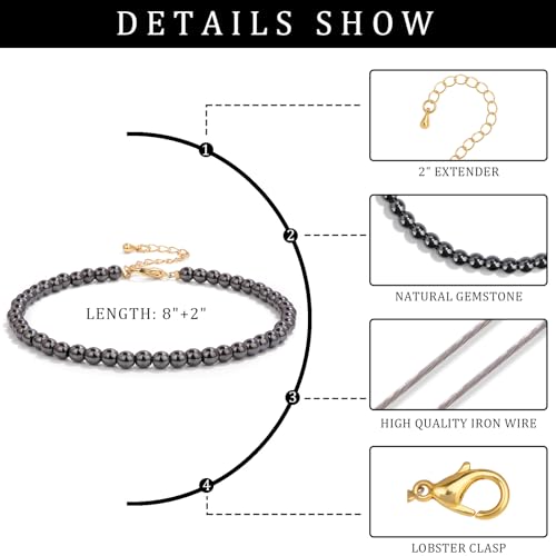 Natural Stone Beaded Anklets for Women, Handmade Boho Clear Quartz 4mm Crystal Beads Anklet, Gold Chain Adjustable Ankles Bracelet, Beach Summer Jewelry Gemstone Foot Bracelet Gift - color: Hematite