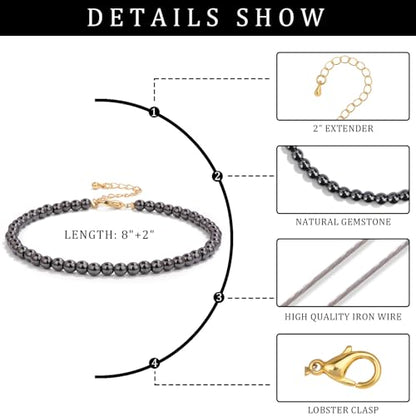 Natural Stone Beaded Anklets for Women, Handmade Boho Clear Quartz 4mm Crystal Beads Anklet, Gold Chain Adjustable Ankles Bracelet, Beach Summer Jewelry Gemstone Foot Bracelet Gift - color: Hematite