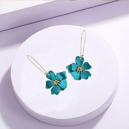 Bohemian Daisy Flower Matte Floral Long Petal Drop Dangle Earrings Layered Tiered for Women Chic Boho Wedding Jewelry - color: Light blue