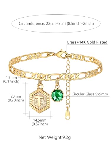 Custom4U Personalized Initial Ankle Bracelets for Women 14K Gold Plated Dainty CZ Birthstone Hexagon Letter Initial Anklets for Women Adjustable Silver/Gold Foot Chain Summer Beach Jewelry Gifts - color: Gold Hexagon-T