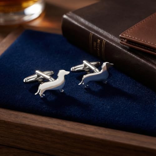 Men’s Dachshund Cufflinks – Stainless Steel Dog-Themed Cuff Links with Gift Box & Polishing Cloth – Available in Silver & Gold - color: steel