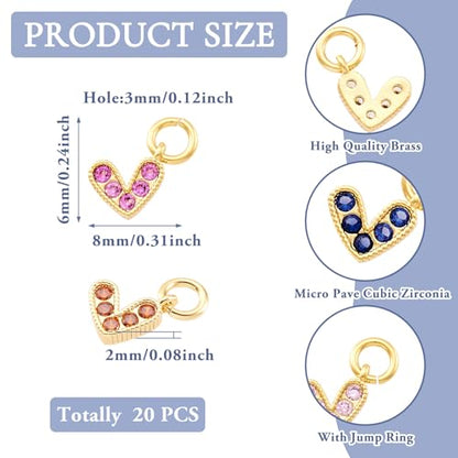Beadthoven 20pcs Cubic Zirconia Heart Charm Pendants Real 18K Gold Plated Heart Crystal Charm Beads for DIY Jewelry Making Necklace Choker Earrings Tiny Dangle Accessories - color: Heart-Mixed