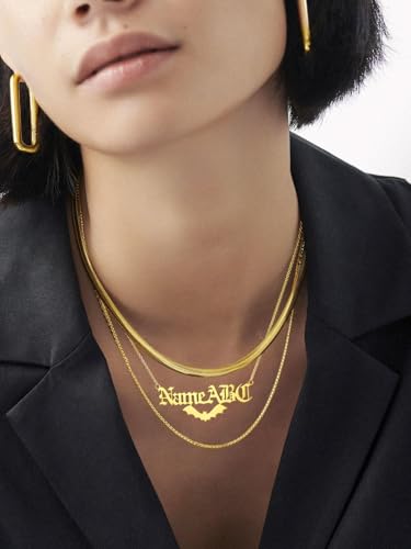 GoldChic JEWELRY Name Necklace Personalized for Men, Womens Custom Name Plate Chain, Stainless Steel Customized Old English Nameplate Choker with Curb Chains Custom, 16 inches to 30 inches - color: Rolo Chain(1.8 mm)&Bat- Gold