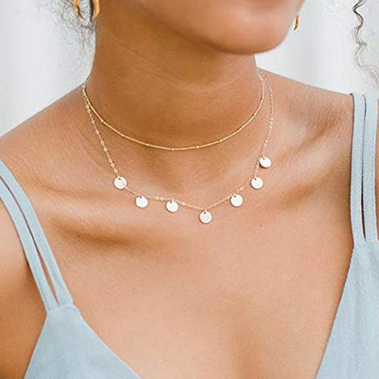 Aisansty Dainty Layered Choker Necklaces Handmade Coin Tube Star Pearl Pendant Multilayer Adjustable Layering Chain Gold Plated Necklaces Set for Women - color: Gold, style: Gold Coin Charms