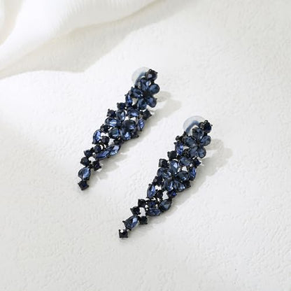 EleQueen Women's Sparkle Statement Clip-On Chandelier Earrings | Marquise Crystals Earrings for Women, Art Deco Prom Jewelry for Wedding Bride Bridesmaid - color: Ink Blue Black-Tone