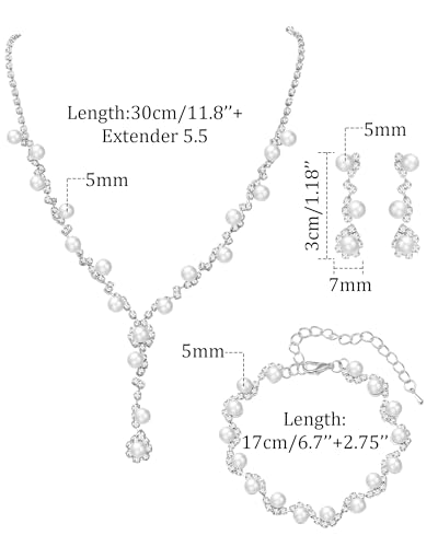 Pearl Jewelry Set for Women with Cubic Zirconia and Pearl Dangle Bridal Earrings Necklace Bracelet Set for Wedding Jewelry