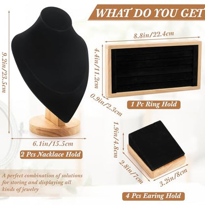 RattanView Bust 7 Pcs Jewelry Display Set Velvet Necklace Display Stand Earring Ring Organizer for Vendors (Black) - color: Black, style: Bust