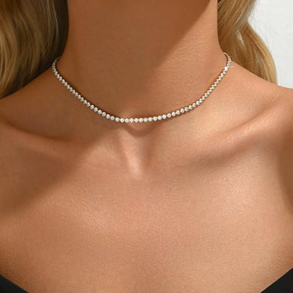 3mm Cubic Zirconia Tennis Necklace for Women, Dainty Adjustable 18K Gold Plated/Silver CZ Tennis Necklace, Hypoallergenic Iced Out Everyday Jewelry Gift for Her Wedding Party - color: 36cm Tennis Choker-Gold