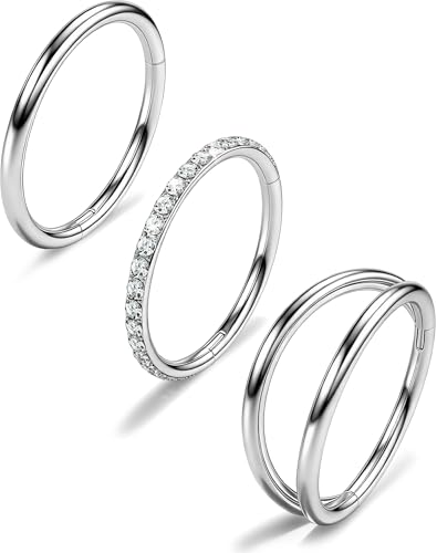 316L Stainless Steel Nose Ring Set – 3PCS Nose Hoops with Cubic Zirconia, 20G/18G, Silver/Black/Gold, 7mm/8mm Sizes, Seamless & Hinged Design for Sensitive Skin Jewelry - color: Silver, size: 20g 8mm
