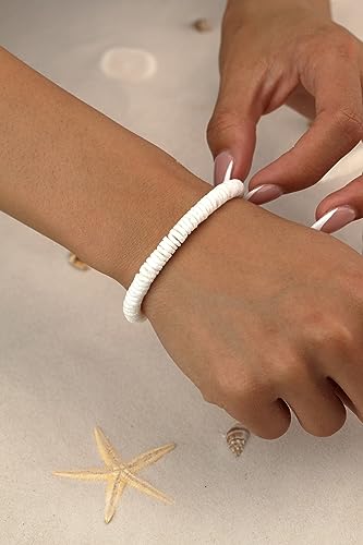 POTESSA Healing Stone Beaded Bracelets for Women Semi-Precious Gemstones Bracelets Pearl Beaded Bracelet Adjustable Strand Bracelets 6MM - color: Puka Shell