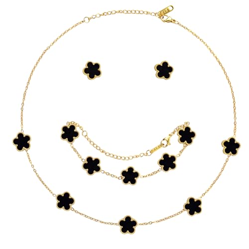 AmorArtSky Lucky Clover Jewelry Set - 18K Gold Plated Flower Design Five Leaf Bracelet, Necklace Pendant, Earrings for Women - Lucky Gifts for Mom, Wife, Daughter, Friends - style: Lucky Clover Jewelry Sets_Black