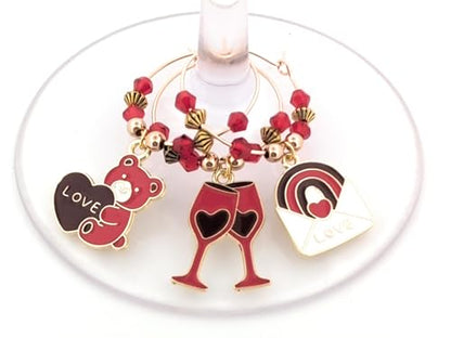 Pixie Valentine’s Day Wine Charms 8-Piece Set – Red & Gold Enamel Hearts, Wine Glass Markers for Parties, Gifts & Party Favors