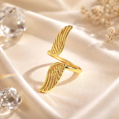 AeraVida Gold-Plated Stainless Steel Feather Angel Wings Adjustable Ring Size 7-9, Minimalist Open Band Ring, Polished Fashion Jewelry, Symbolic Everyday Ring for Women