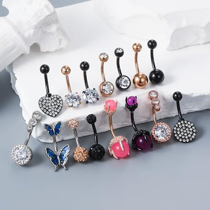 Vsnnsns 14G Belly Button Ring Piercing Jewelry 316L Stainless Surgical Steel Heart CZ Pearl Butterfly Flower Navel Rings Dangle Belly Button Ring Navel Piercing Jewelry for Women Men Hypoallergenic - color: Black&Rose Gold B