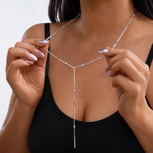 RINHOO Long Lariat Necklace for Women 18K Gold Plated Stainless Steel | Y-Drop Lariat Design, 18K Gold Hypoallergenic, Non-Tarnish V-Neck Layering, Wedding Prom Gift - color: Silver-Bar
