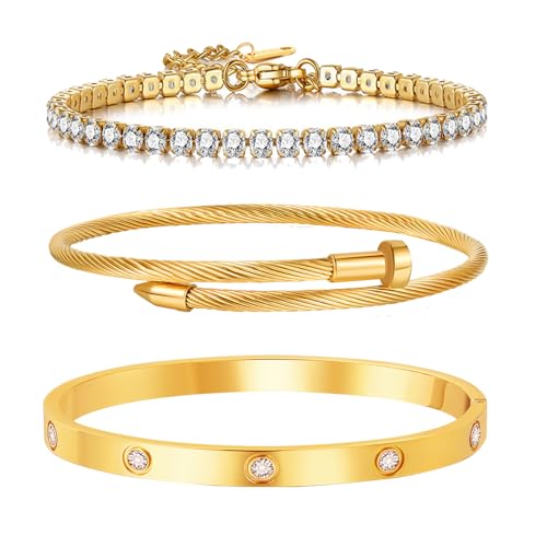 18K Gold Plated Stackable Love Bangle Bracelet Set for Women - 3 Pcs Stainless Steel Chain Bracelet Cubic Zirconia Tennis Bracelet Gold Bangle Set Gift for Wife - color: Tennis Bracelet Stack