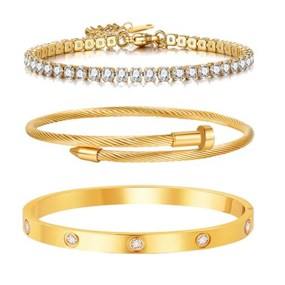 18K Gold Plated Stackable Love Bangle Bracelet Set for Women - 3 Pcs Stainless Steel Chain Bracelet Cubic Zirconia Tennis Bracelet Gold Bangle Set Gift for Wife - color: Tennis Bracelet Stack