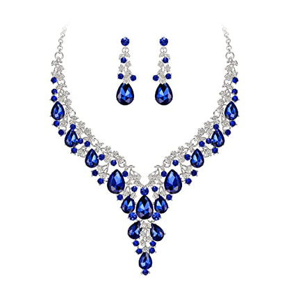 Wedding Bridal Necklace Earrings Jewelry Set for Women | Gorgeous Austrian Crystal Teardrop Flower Cluster for Bridal Bride Bridesmaid - color: 2Pcs-Blue Silver-Tone