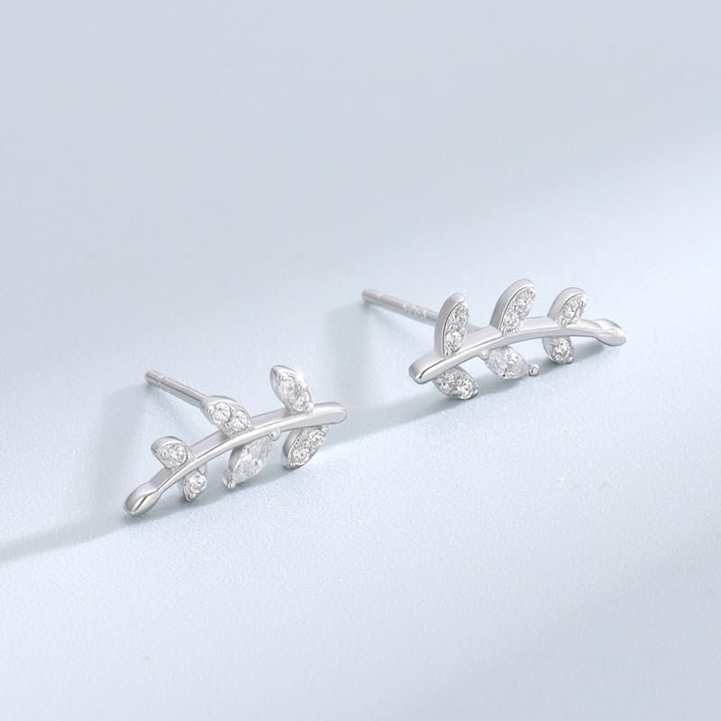 Rnivida 925 Sterling Silver Dainty Cz Climber Stud Earrings, Hypoallergenic Small Cubic Zirconia Ear Crawler Earring for Women - color: Leaf - Silver