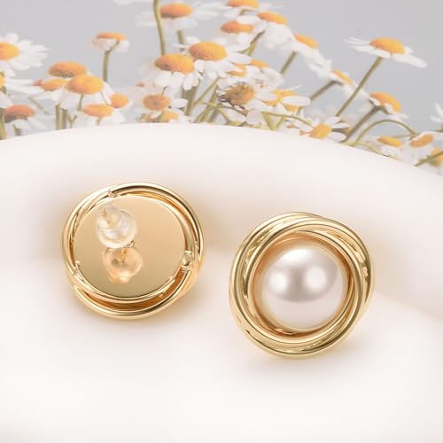 Pearl and Rhinestone Stud Earrings for Women Retro Statement Earrings Wedding Party Prom Jewelry - color: Big Pearl-Gold