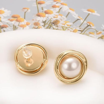 Pearl and Rhinestone Stud Earrings for Women Retro Statement Earrings Wedding Party Prom Jewelry - color: Big Pearl-Gold