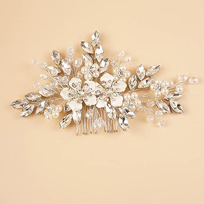 Kercisbeauty Wedding Bridal Silver Hair Comb Crystal Flower Hair Piece for Women Girls Banquet Jewelry (Silver) - color: Silver