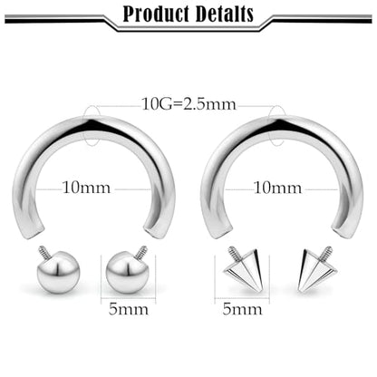 20G-00G Septum Rings horseshoes Nose Rings Hoops 316L Surgical Steel Snake Bites Lip Nipple Ring Cartilage Tragus Helix Rook Conch Daith Earrings Pa Piercing Jewelry for Women Men - style: 10G(2.5mm)-Dia:10mm